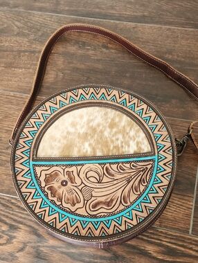 Round Tooled Leather Crossbody Bag in Brown & Turquoise